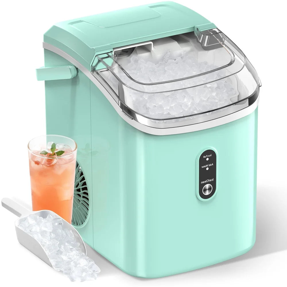 Green Kismile Z5815NH with basket of nugget ice, scoop and a cocktail on a white background