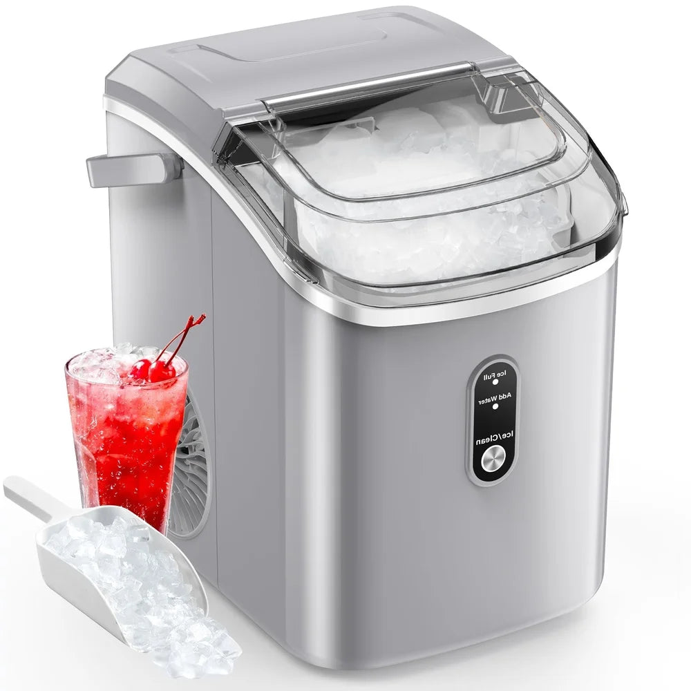 Grey Kismile Z5815NH with open lid full of nugget ice, scoop and a cherry drink on white