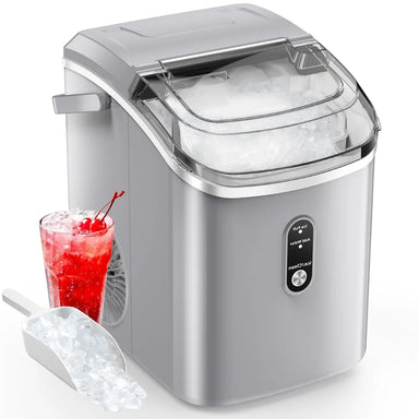 Grey Kismile Z5815NH with open lid full of nugget ice, scoop and a cherry drink on white