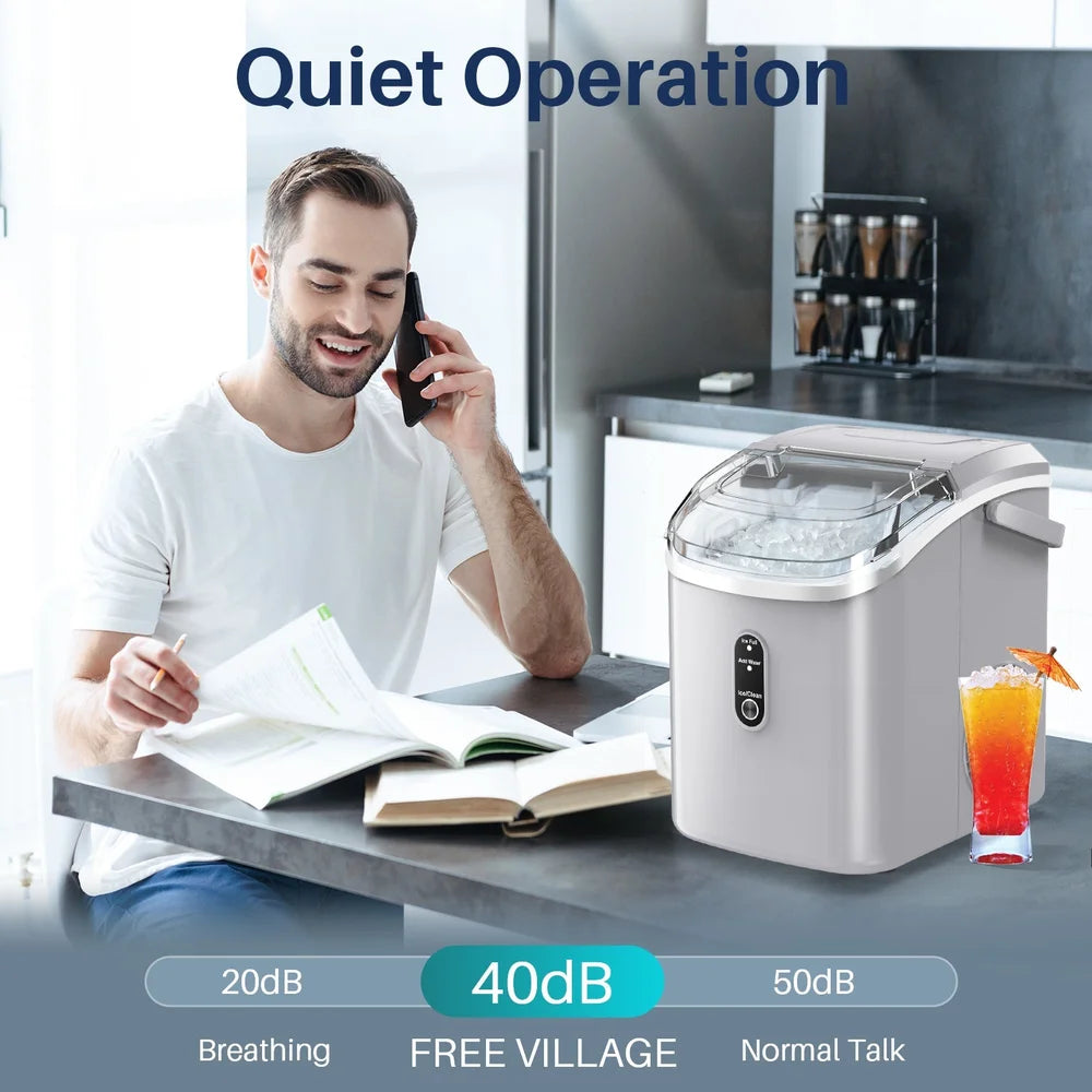 Grey Kismile Z5815NH shown with a 40 decibel quiet operation noise scale beside a man on the phone