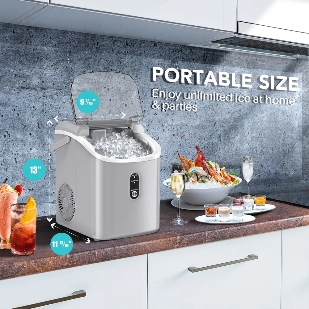 Compact grey Kismile Z5815NH with labeled dimensions beside a seafood platter and drinks