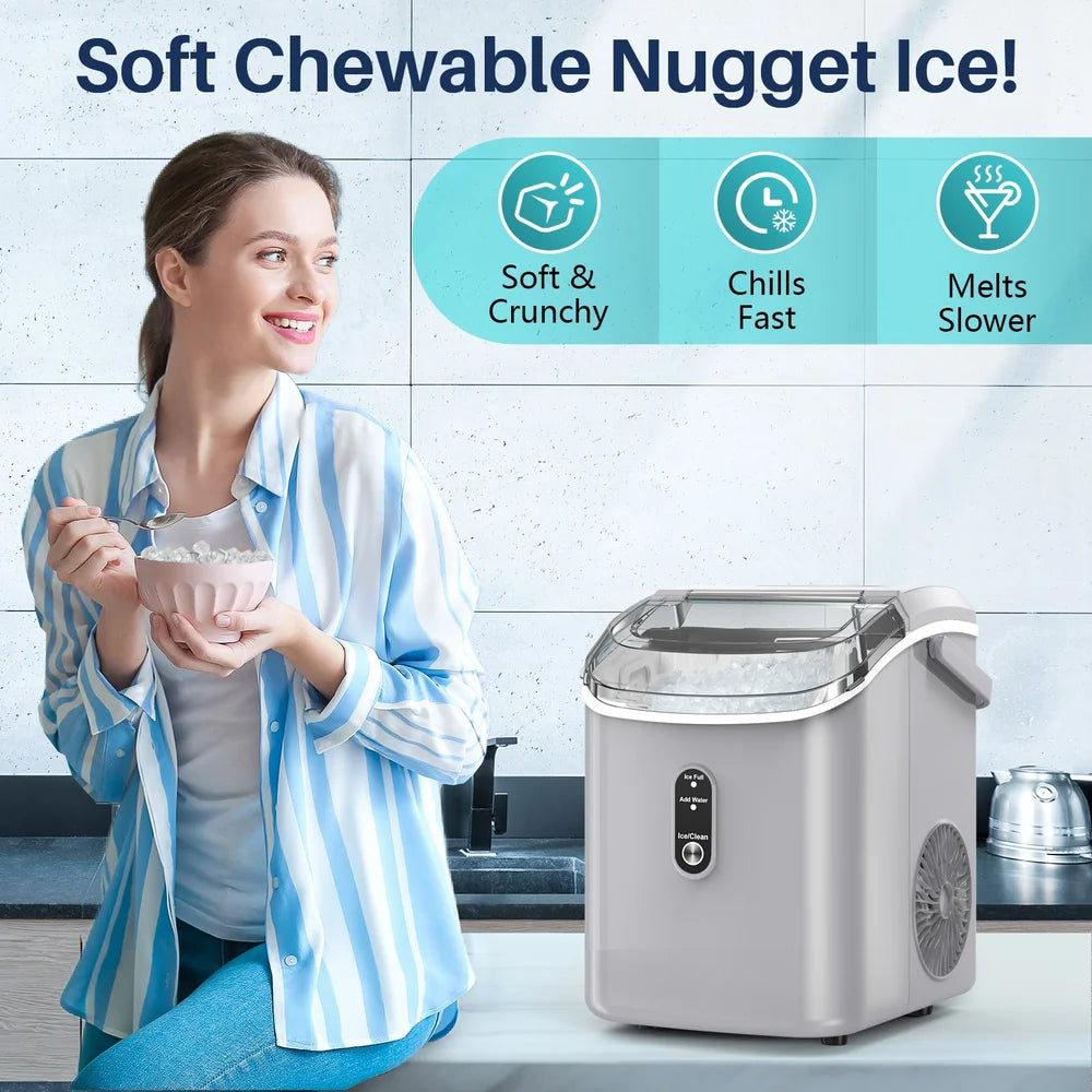 Woman eating soft chewable nugget ice beside the grey Kismile Z5815NH Countertop Ice Maker