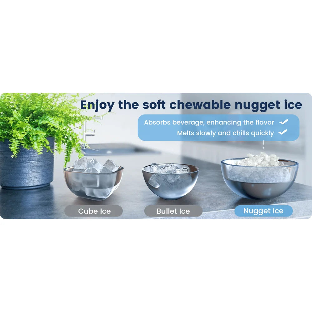 Cube, bullet and nugget ice compared in bowls illustrating the soft chewable ice from the Kismile Z5815NH