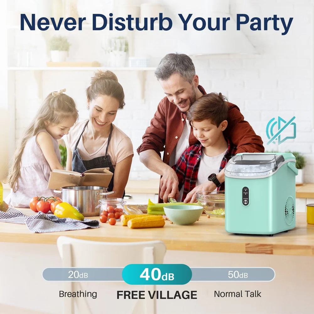 Family cooking near the quiet Kismile Z5815NH Countertop Ice Maker with a 40 decibel noise scale