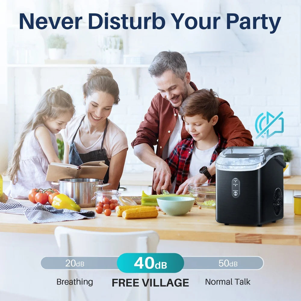 Family cooking near the quiet black Kismile Z5815NH Pebble Ice Maker with a 40 decibel noise scale