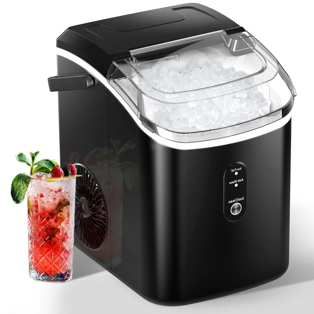 Black Kismile Z5815NH Pebble Ice Maker filled with nugget ice beside a berry cocktail on white