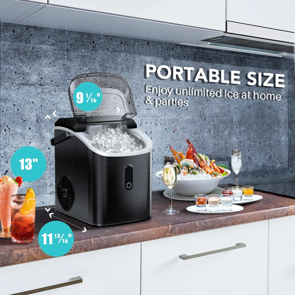 Compact black Kismile Z5815NH shown with labeled dimensions beside seafood and drinks