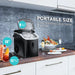 Compact black Kismile Z5815NH shown with labeled dimensions beside seafood and drinks