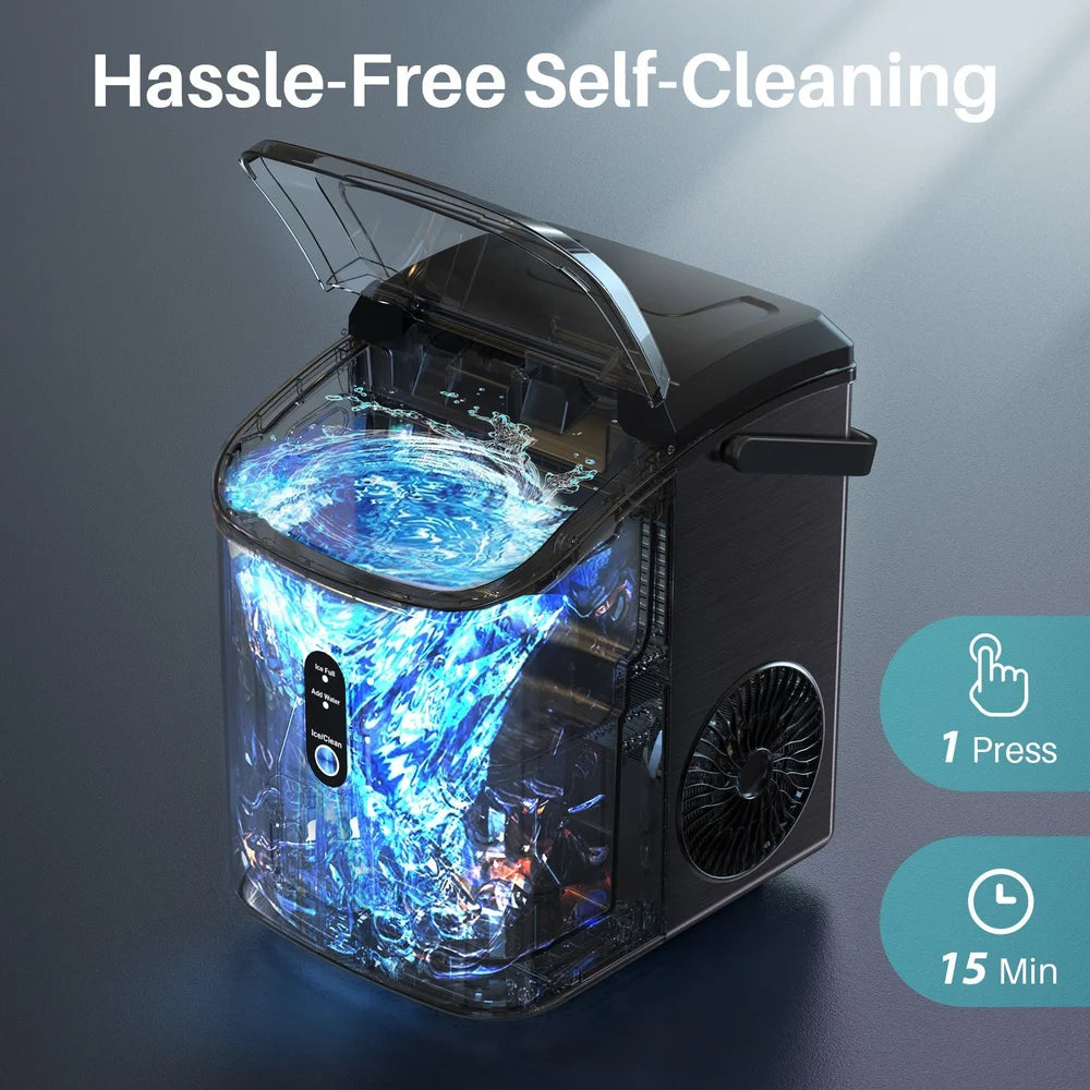 One-press 15 minute self-clean cycle with swirling water in the black Kismile Z5815NH Pebble Ice Maker