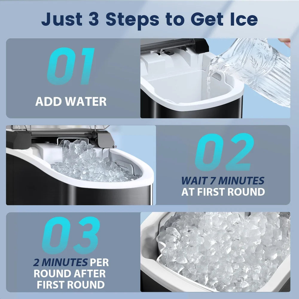 Three step ice making guide with a black Kismile Z5815NH Pebble Ice Maker adding water and waiting