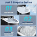 Three step ice making guide with a black Kismile Z5815NH Pebble Ice Maker adding water and waiting