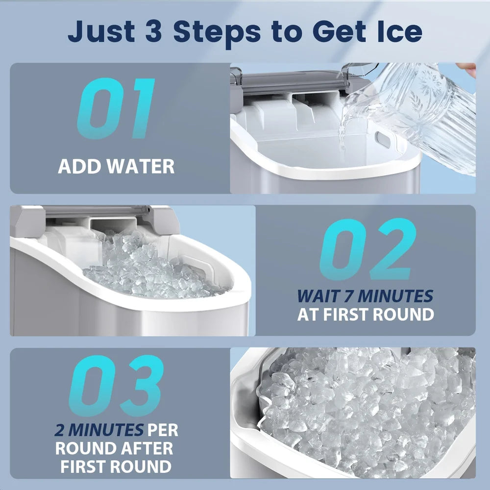 Three step ice making guide with a white Kismile Z5815NH Pebble Ice Maker adding water