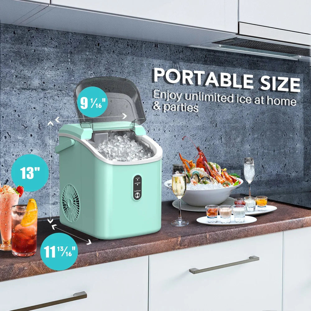 Dimension callouts of 13 inches tall on the compact green Kismile Z5815NH Countertop Ice Maker