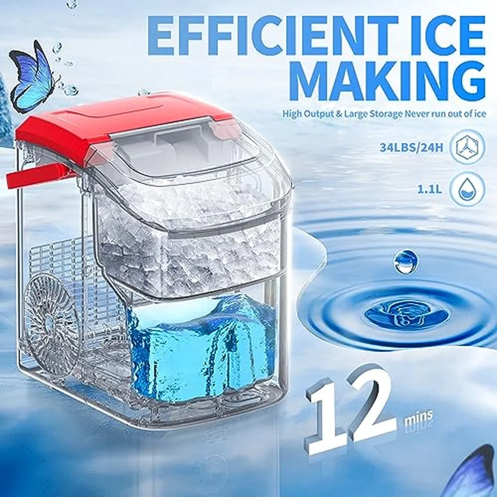 Efficient ice making callouts of 34 lbs per day on the red Kismile Z5815NH Countertop Ice Maker