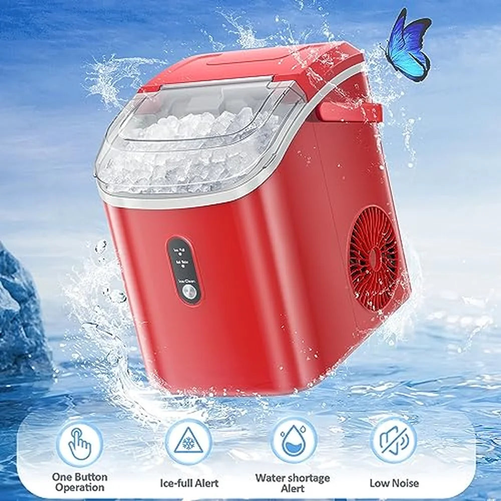 Red Kismile Z5815NH Nugget Ice Maker with feature icons for one button operation and alerts