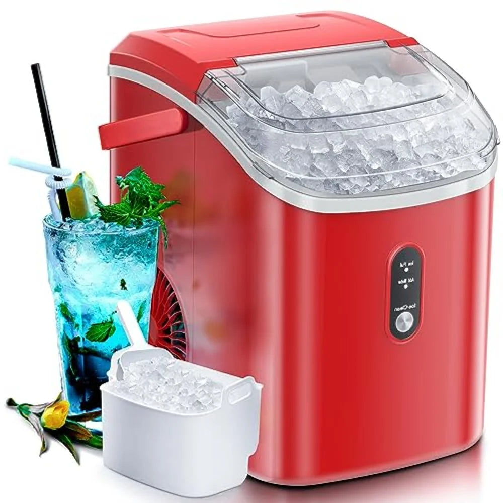 Red Kismile Z5815NH Nugget Ice Maker full of nugget ice beside a blue drink and ice bin on white
