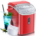 Red Kismile Z5815NH Nugget Ice Maker full of nugget ice beside a blue drink and ice bin on white