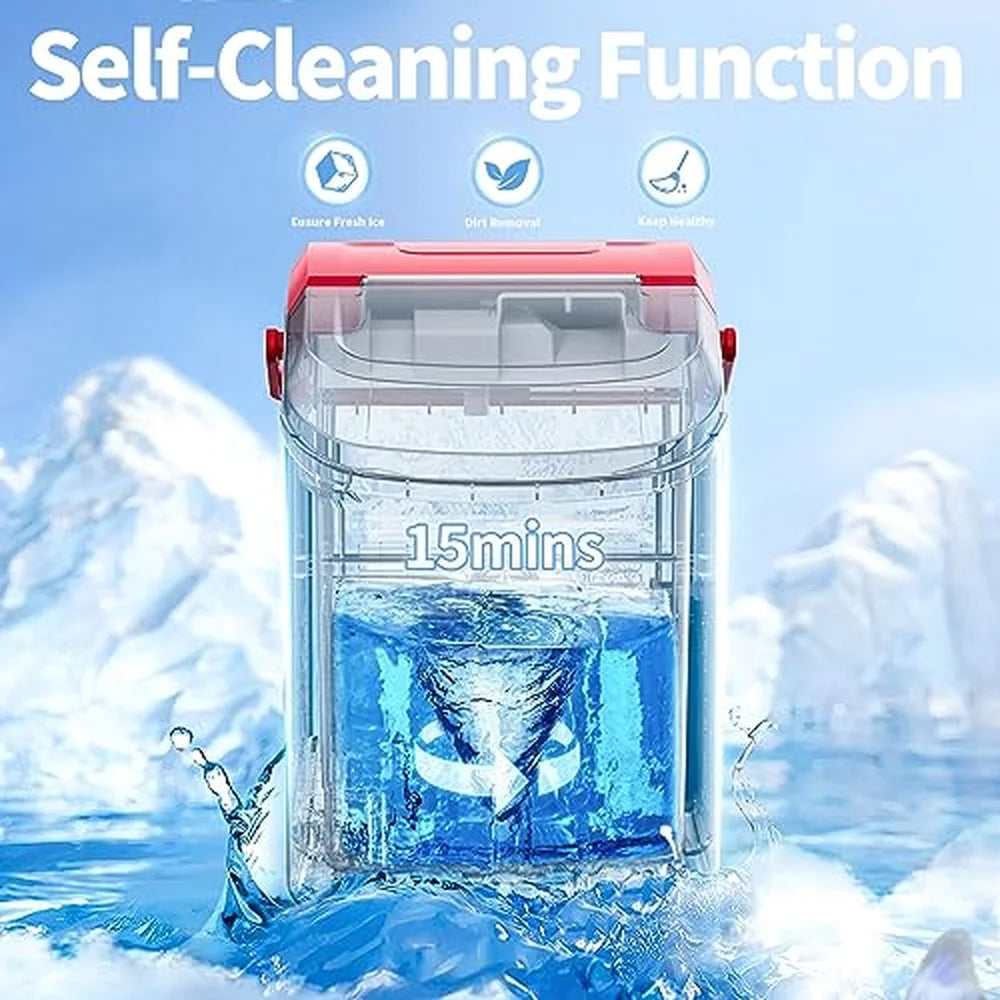 Self-cleaning function taking 15 minutes shown on the red Kismile Z5815NH Countertop Ice Maker
