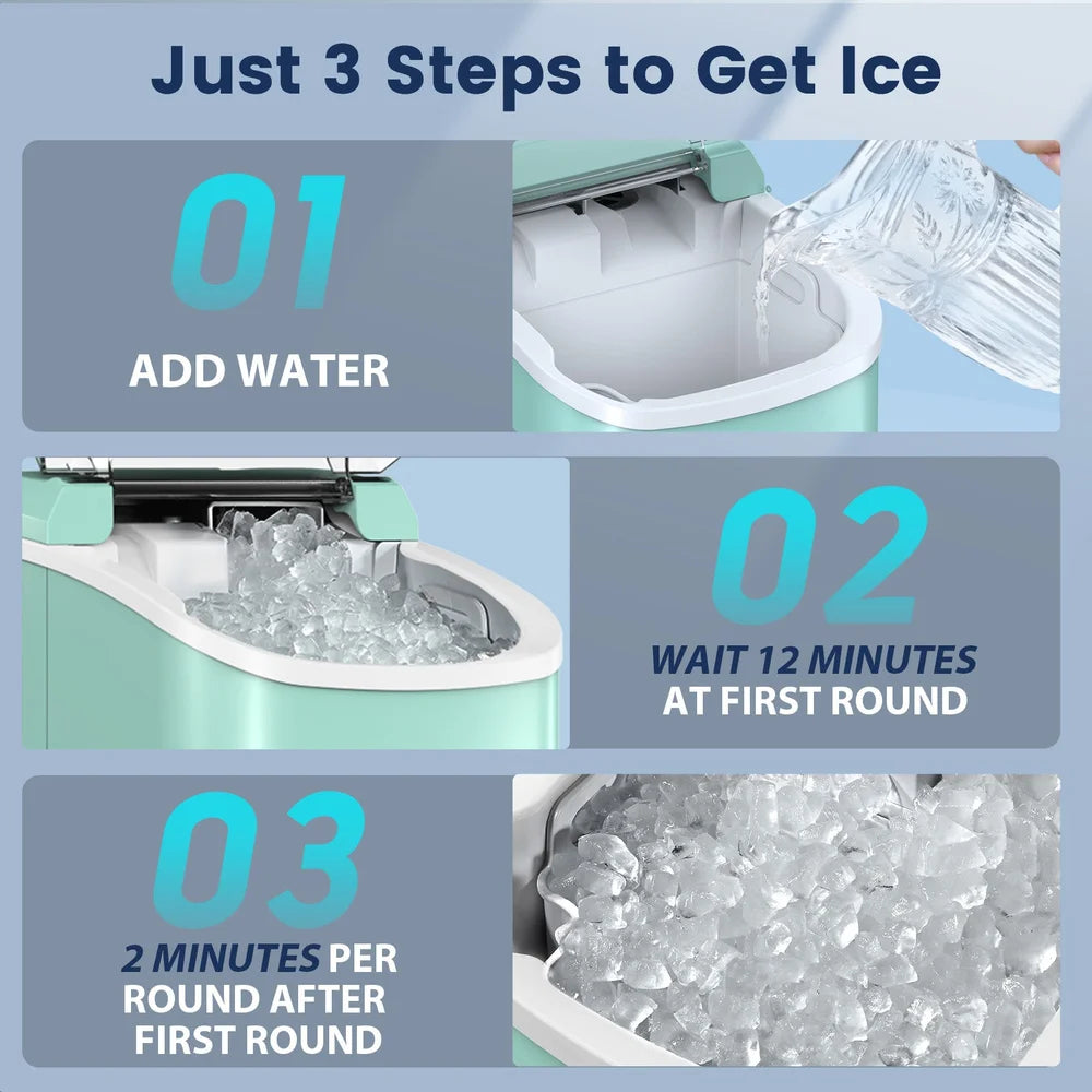Three step process to add water and make ice with the Kismile Z5815NH Pebble Ice Maker