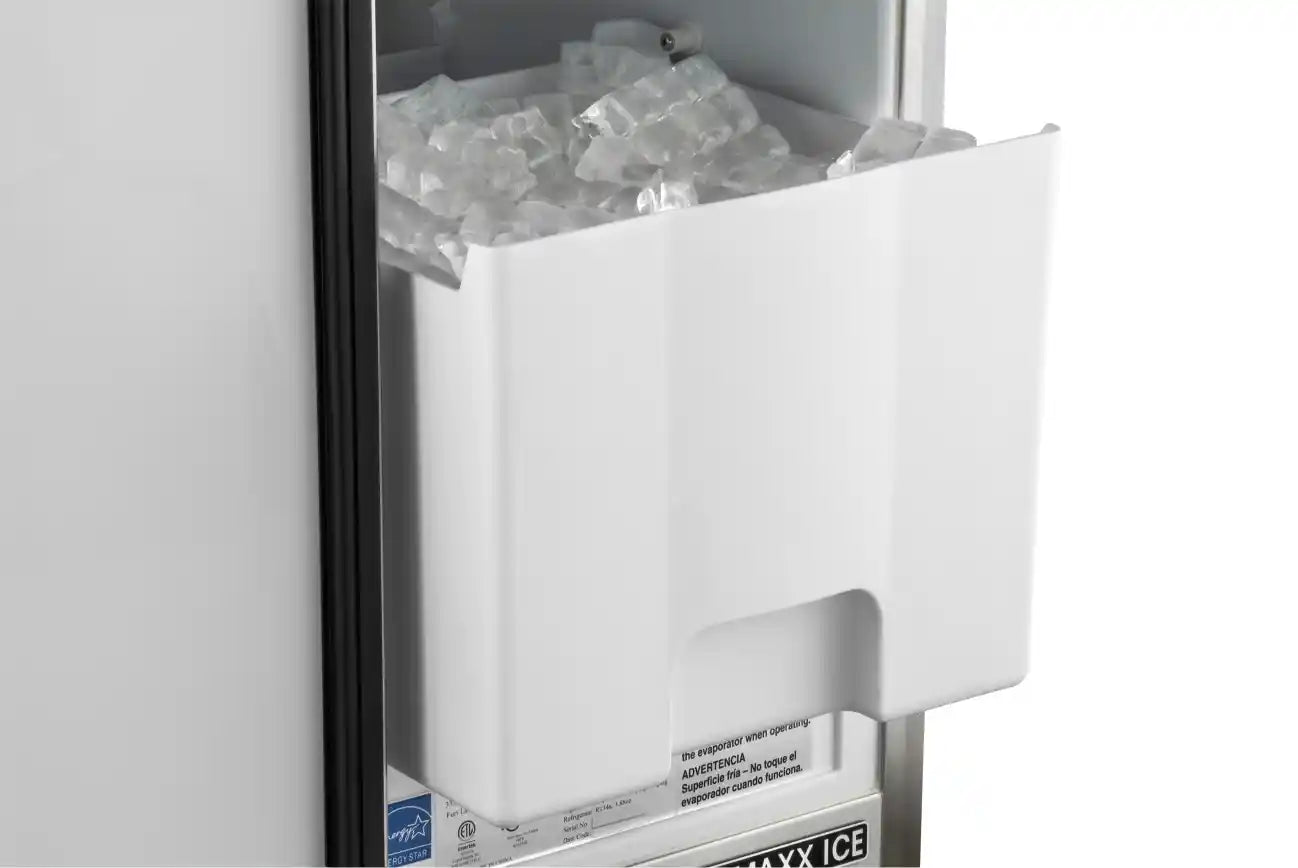 Maxx Ice Self-Contained Outdoor Ice Machine, 15"W, 60 lbs/Day, Full Dice Ice Cubes, Energy Star Listed, in Stainless Steel (MIM50-O)