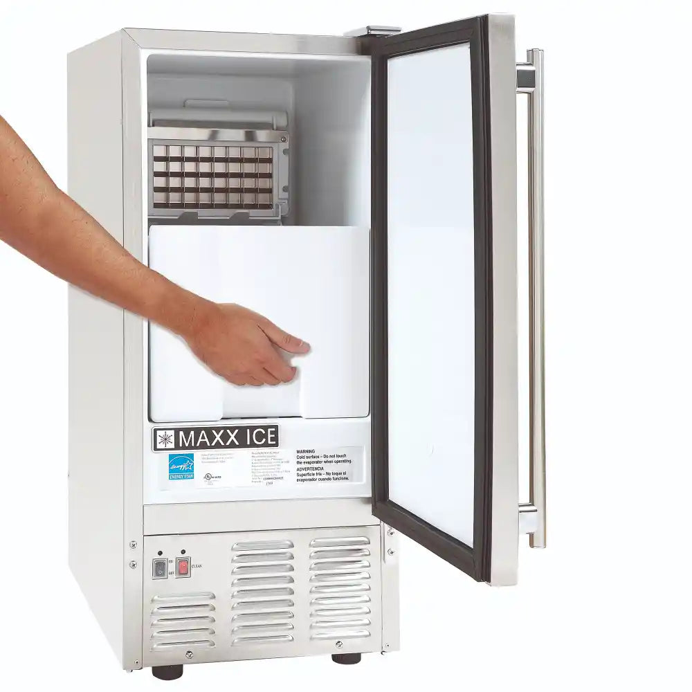 Maxx Ice Self-Contained Outdoor Ice Machine, 15"W, 60 lbs/Day, Full Dice Ice Cubes, Energy Star Listed, in Stainless Steel (MIM50-O)